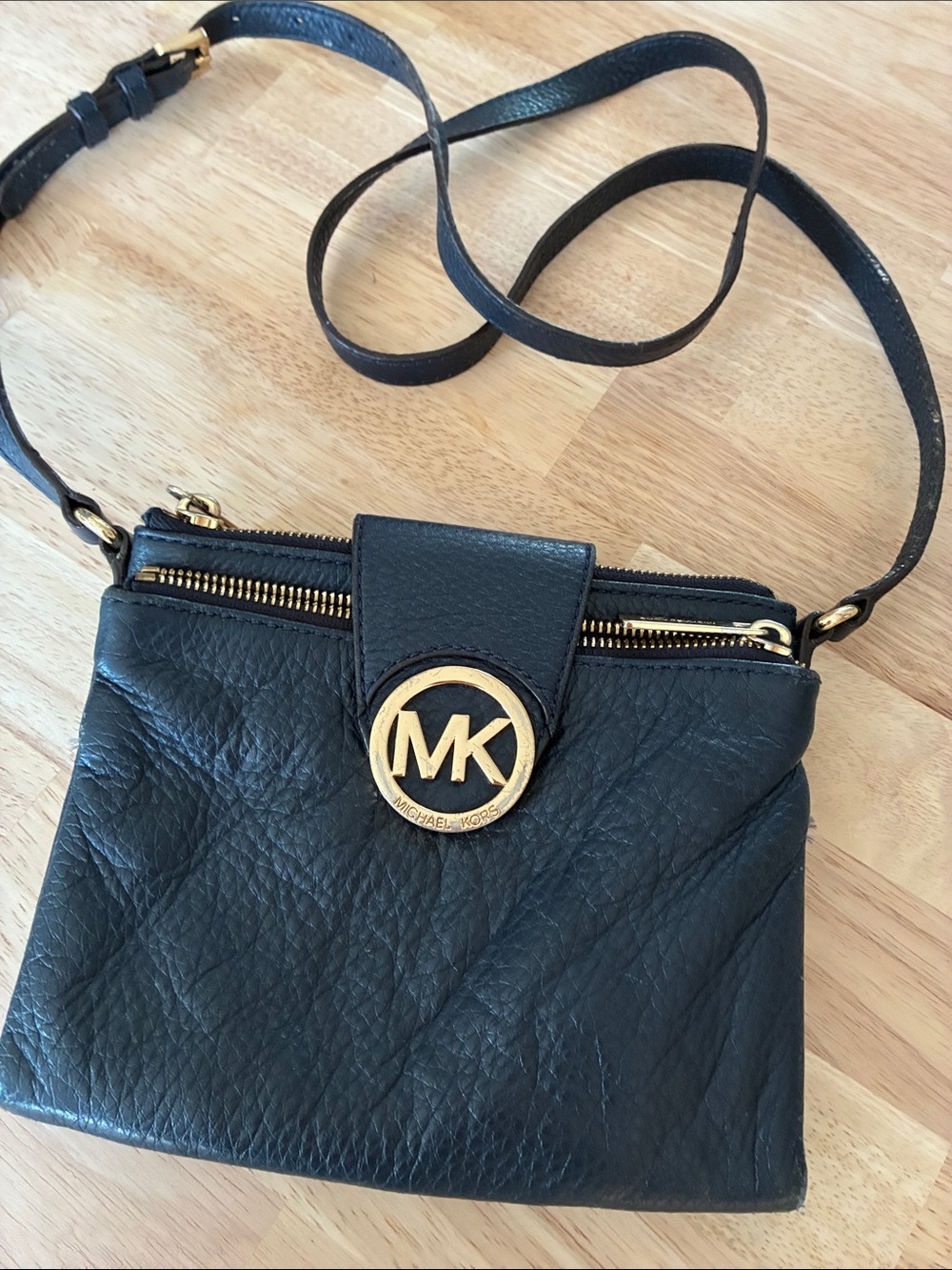 Michael Kors Black Leather Crossbody with Gold MK Emblem